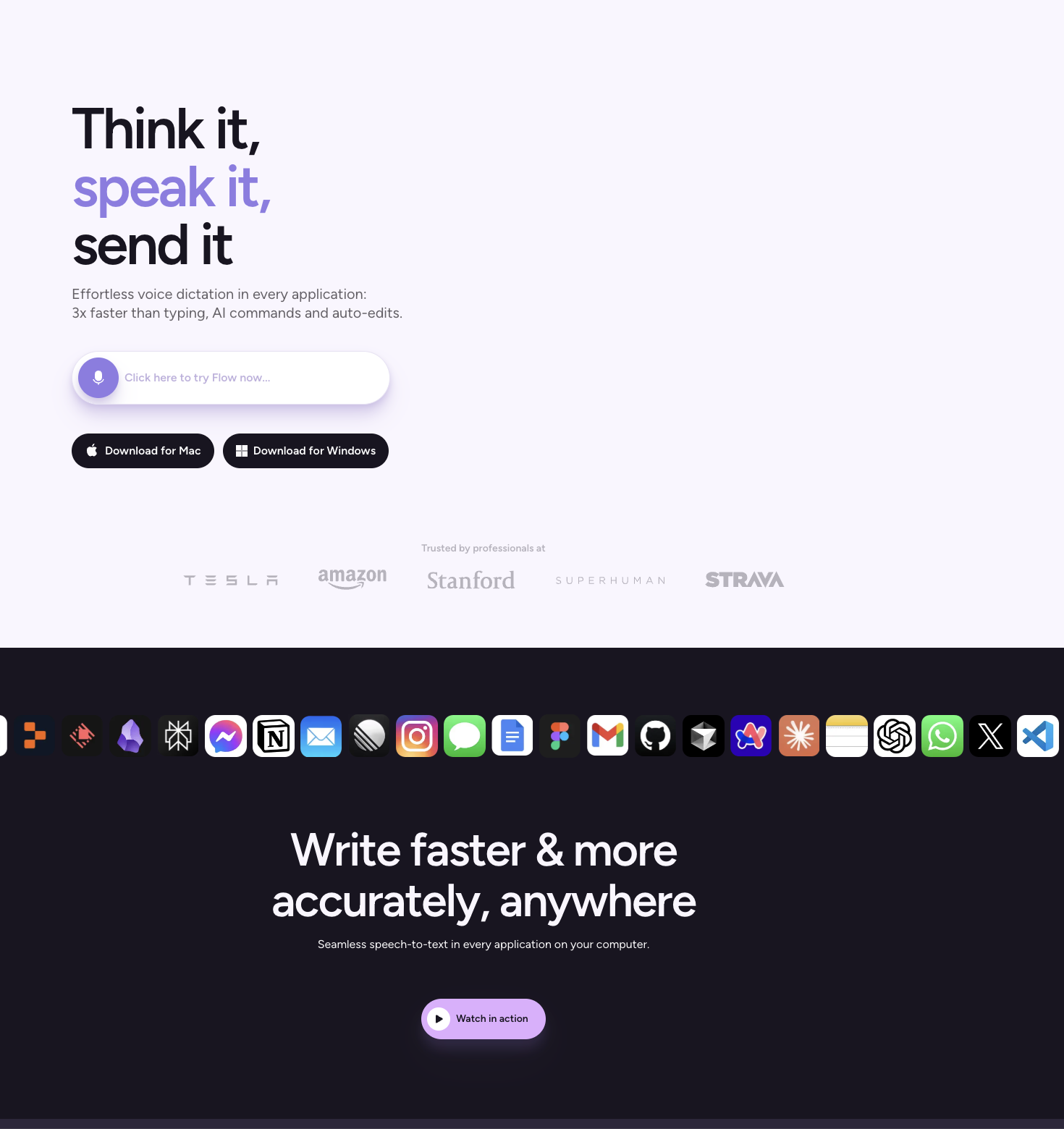 Wispr Flow homepage 2024-2025: Think it, speak it, send it